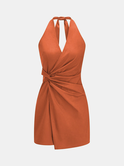 Twisted Halter Cotton Linen Mini Dress