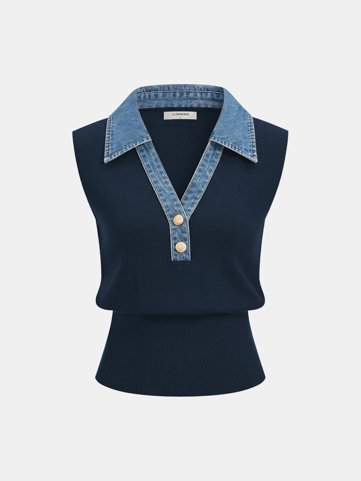 Denim Collar Metal Button Sleeveless Knit Vest