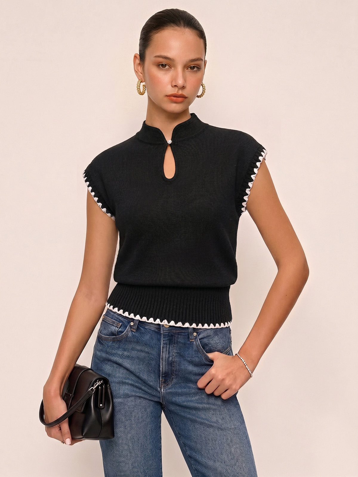 Scallop Trim Keyhole Knit Top