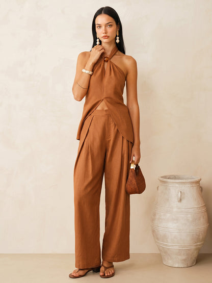Linen-Blend Halter Top & Pants Set