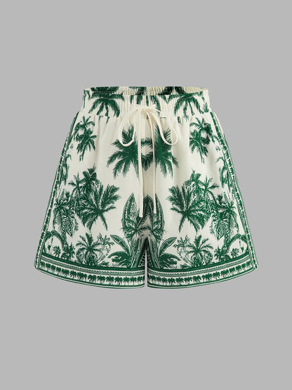 Tropical Print Halter Top & Drawstring Shorts Set