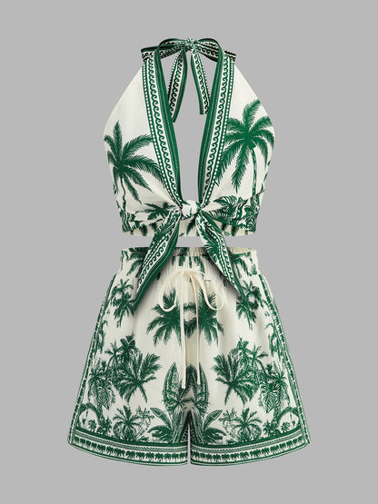 Tropical Print Halter Top & Drawstring Shorts Set