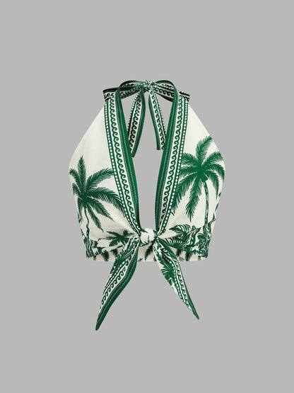 Tropical Print Halter Top & Drawstring Shorts Set