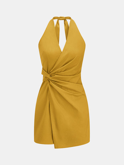 Twisted Halter Cotton Linen Mini Dress
