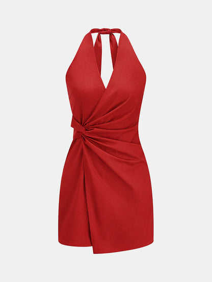 Twisted Halter Cotton Linen Mini Dress
