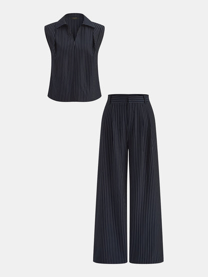 Pinstriped Sleeveless Shirt & Pants Set