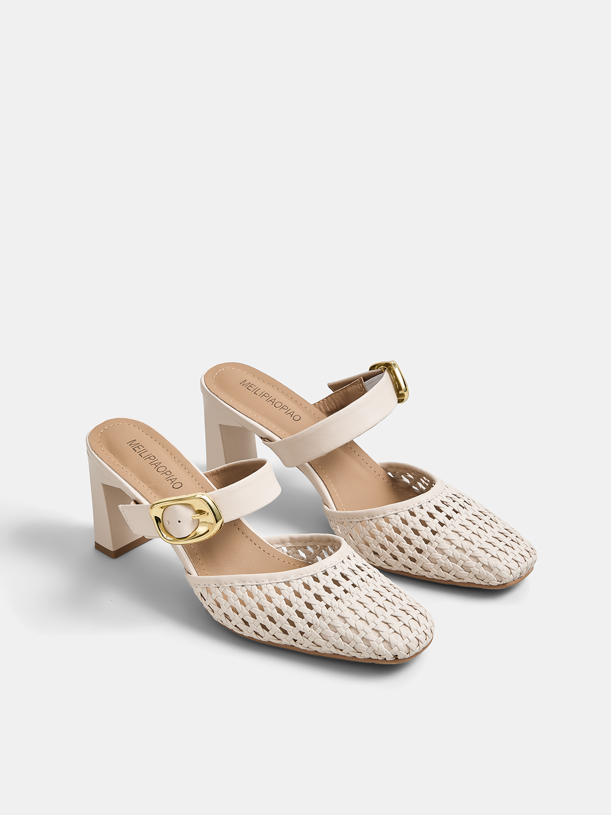Buckle Strap Block Heel Woven Mules