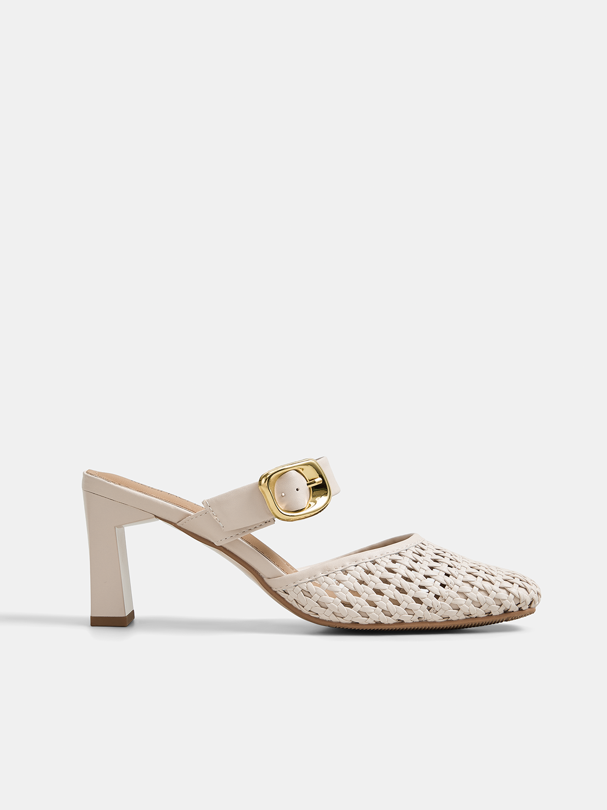 Buckle Strap Block Heel Woven Mules