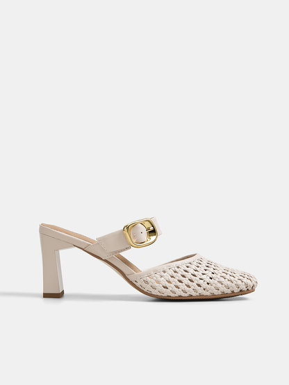 Buckle Strap Block Heel Woven Mules