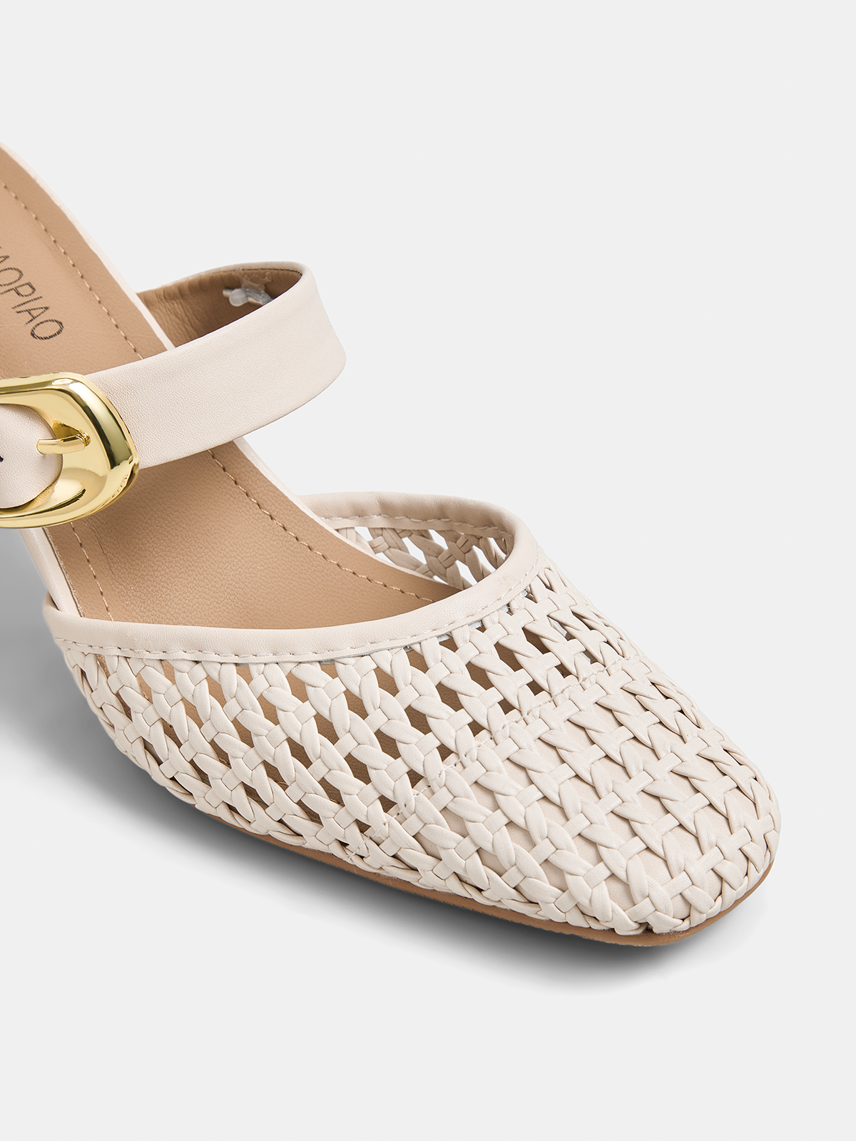 Buckle Strap Block Heel Woven Mules