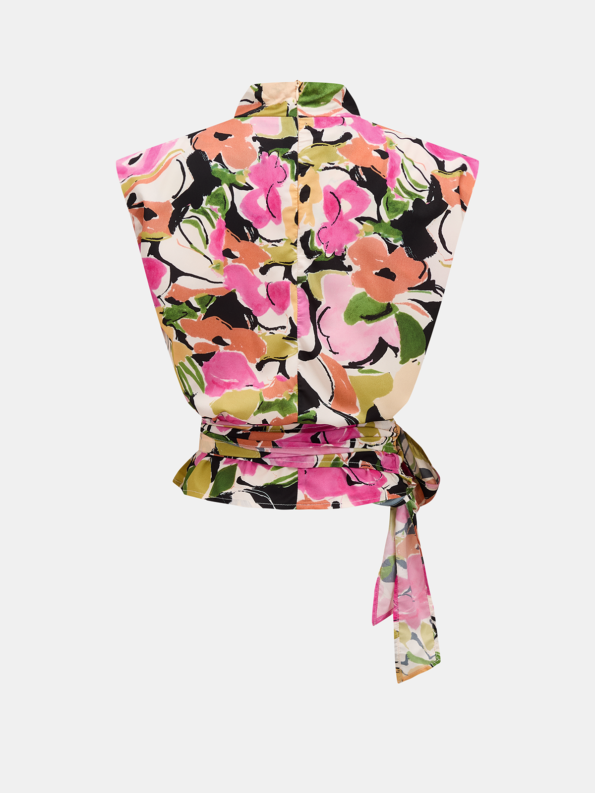 Mock Neck Floral Tie Waist Sleeveless Blouse