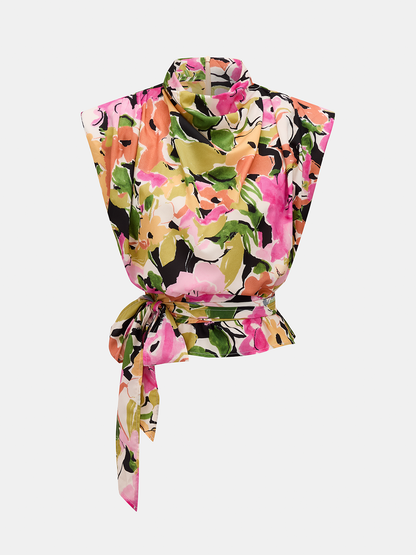 Mock Neck Floral Tie Waist Sleeveless Blouse