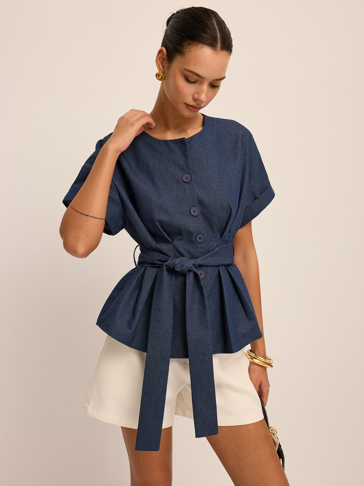 Belted Short-Sleeve Peplum Blouse