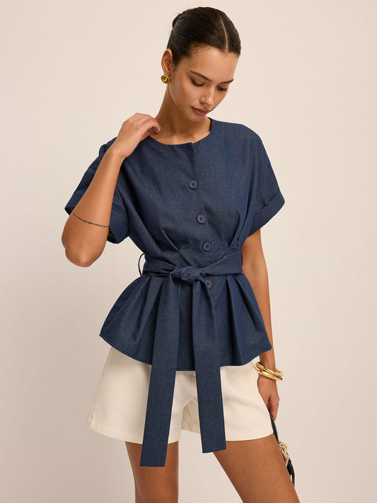 Belted Short-Sleeve Peplum Blouse