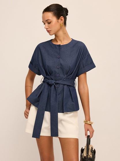 Belted Short-Sleeve Peplum Blouse