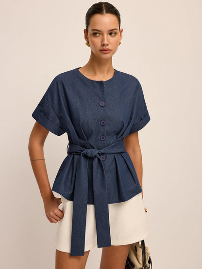 Belted Short-Sleeve Peplum Blouse