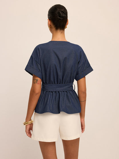 Belted Short-Sleeve Peplum Blouse
