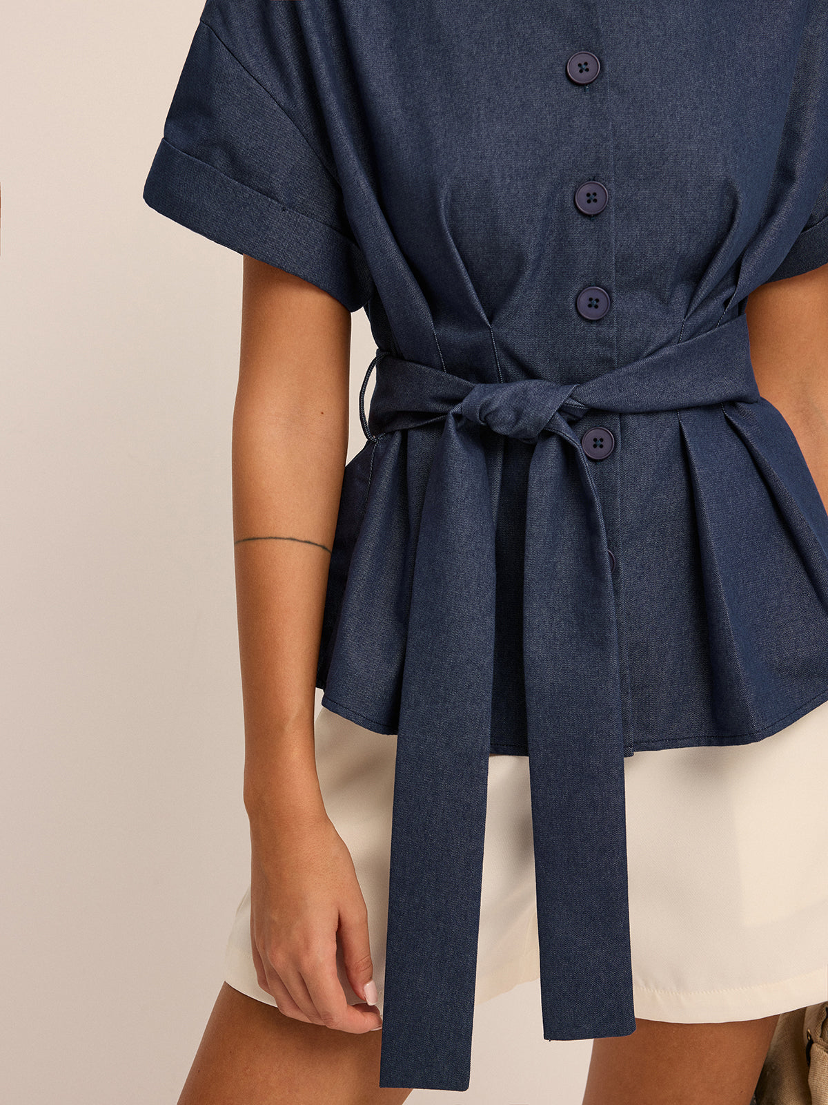 Belted Short-Sleeve Peplum Blouse