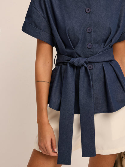Belted Short-Sleeve Peplum Blouse
