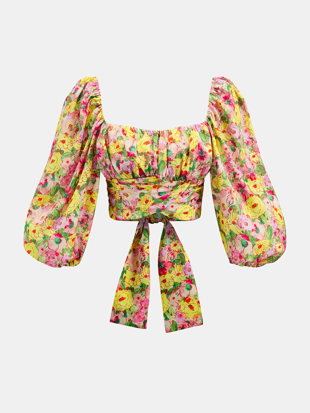 Square Neck Puff Sleeve Floral Tie-Back Blouse