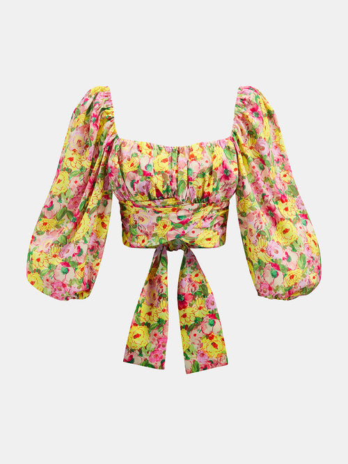 Square Neck Puff Sleeve Floral Tie-Back Blouse