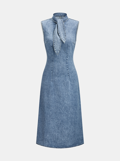 Denim Tie-Neck Midi Dress