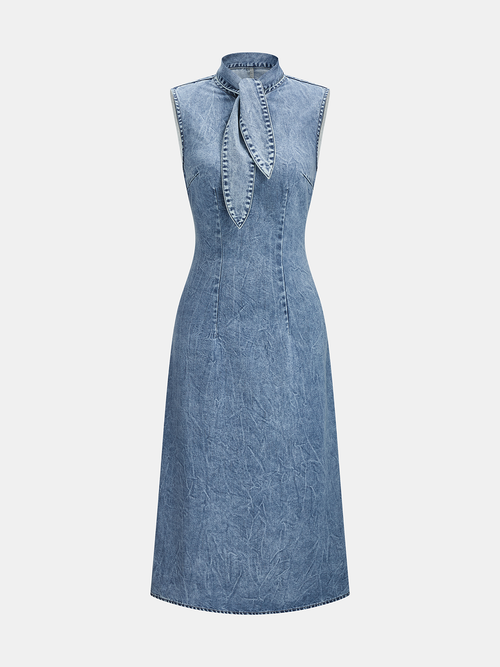 Denim Tie-Neck Midi Dress