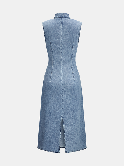 Denim Tie-Neck Midi Dress