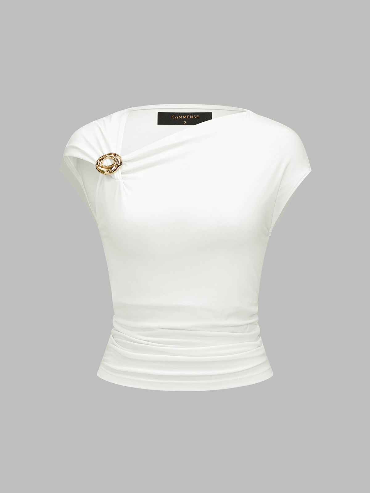 Metal Ring Asymmetric Ruched Cap Sleeve Top