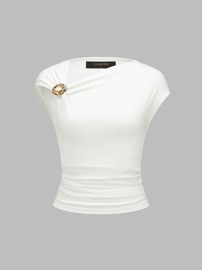 Metal Ring Asymmetric Ruched Cap Sleeve Top