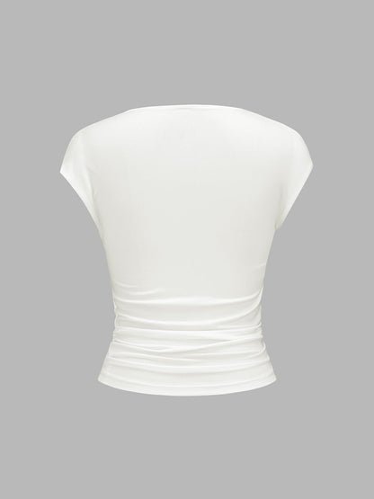 Metal Ring Asymmetric Ruched Cap Sleeve Top