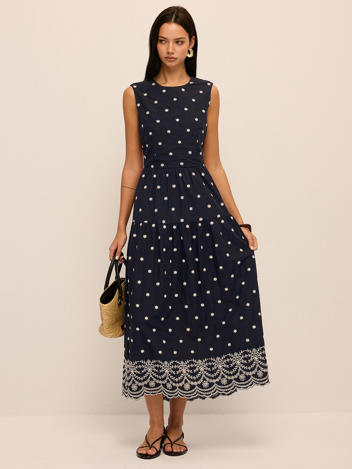 Back Cutout Embroidered Sleeveless Cotton Dress