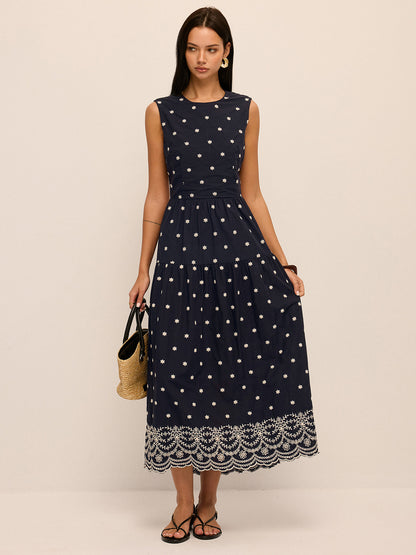 Back Cutout Embroidered Sleeveless Cotton Dress