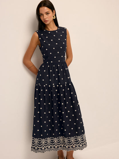 Back Cutout Embroidered Sleeveless Cotton Dress