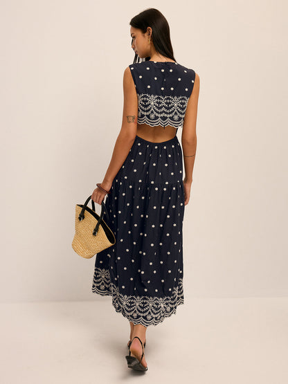 Back Cutout Embroidered Sleeveless Cotton Dress