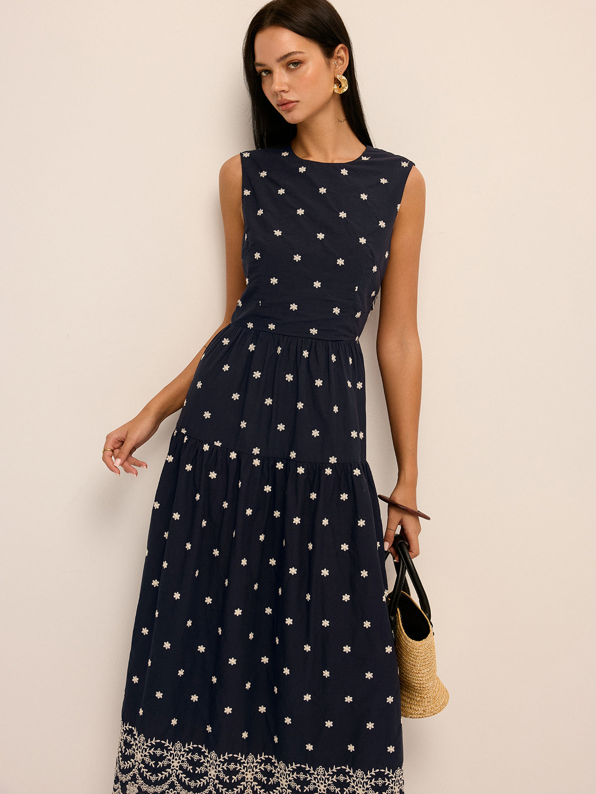 Back Cutout Embroidered Sleeveless Cotton Dress