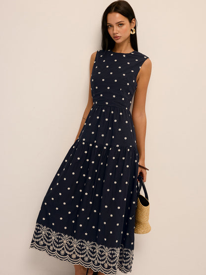 Back Cutout Embroidered Sleeveless Cotton Dress