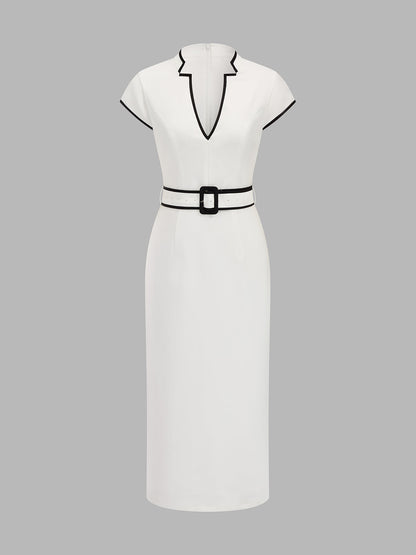 Contrast Trim Belted Pencil Midi Dress