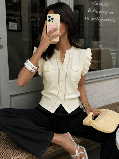Ruffled Button-Down Knit Top
