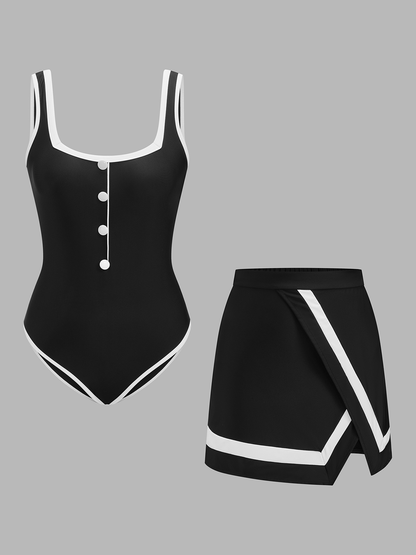 Contrast Trim One Piece Swimsuit & Skirt Set