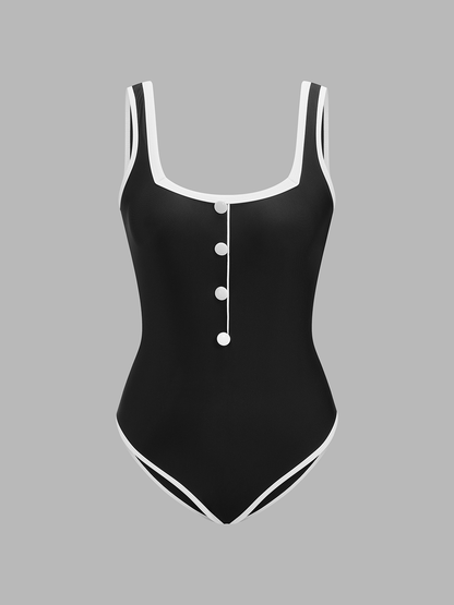 Contrast Trim One Piece Swimsuit & Skirt Set