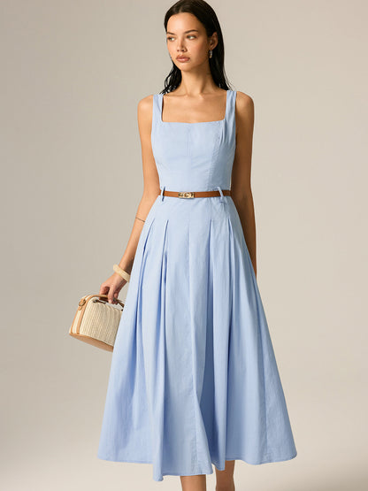 Square Neck Belted Pleated Maxi Dress