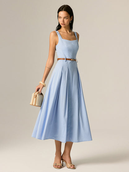 Square Neck Belted Pleated Maxi Dress