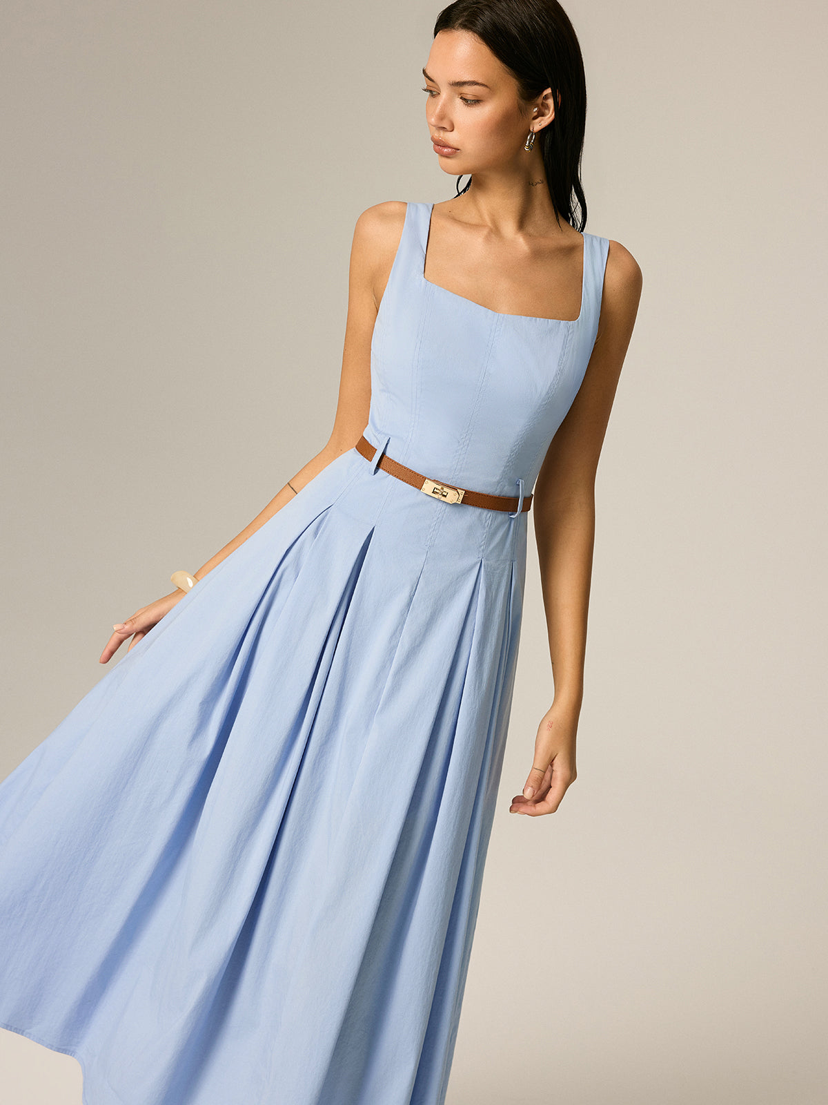 Square Neck Belted Pleated Maxi Dress