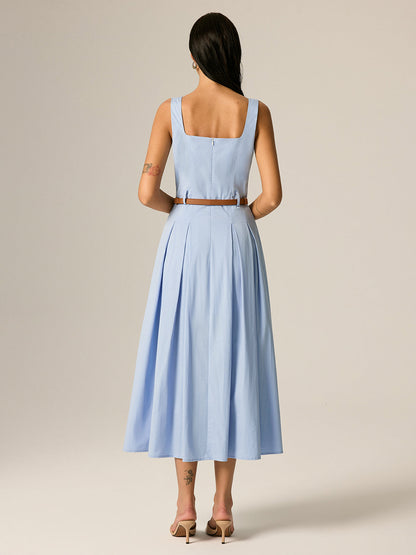 Square Neck Belted Pleated Maxi Dress