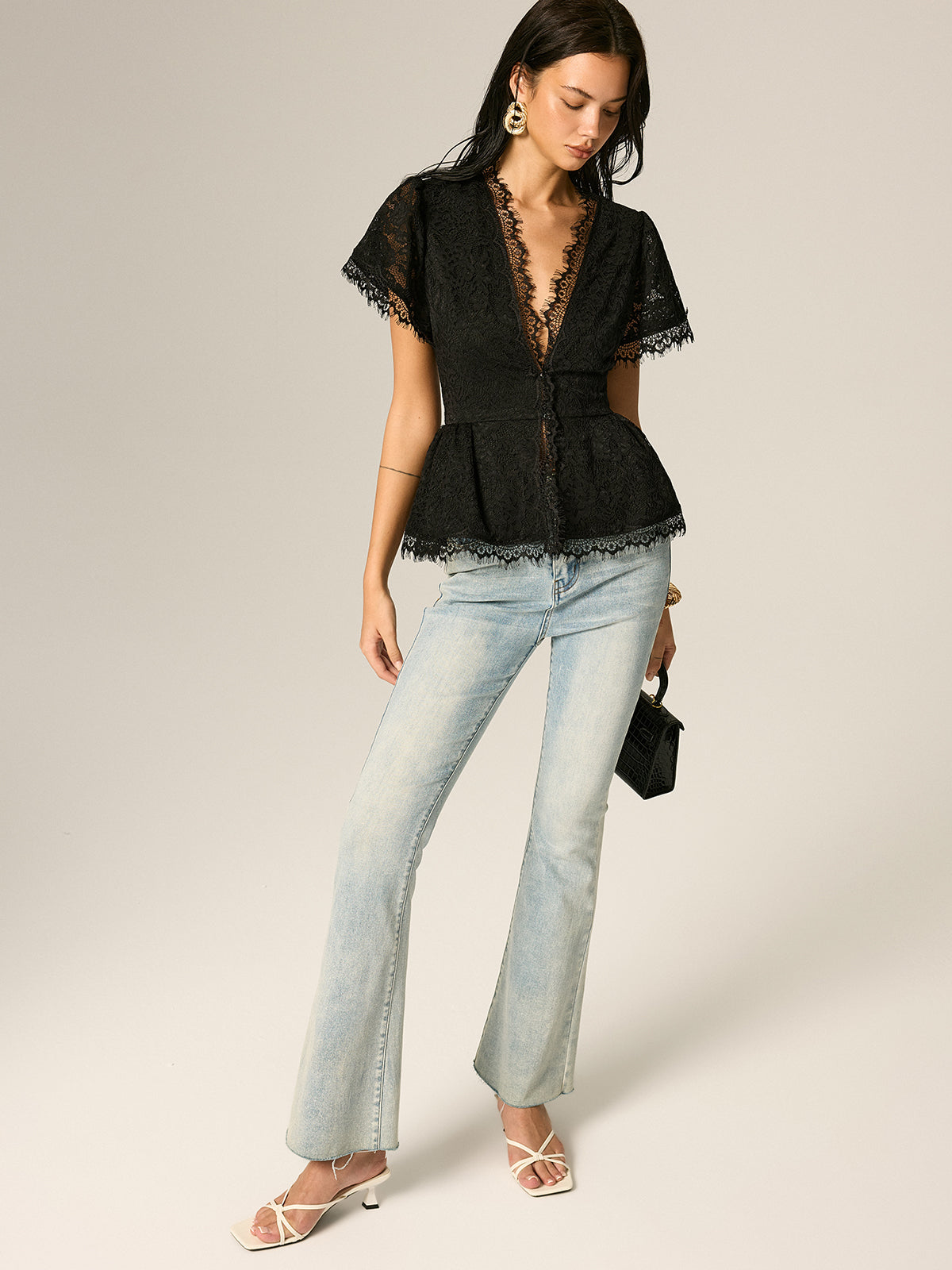 V-Neck Fringe Lace Peplum Short Sleeve Top