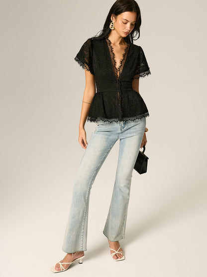 V-Neck Fringe Lace Peplum Short Sleeve Top