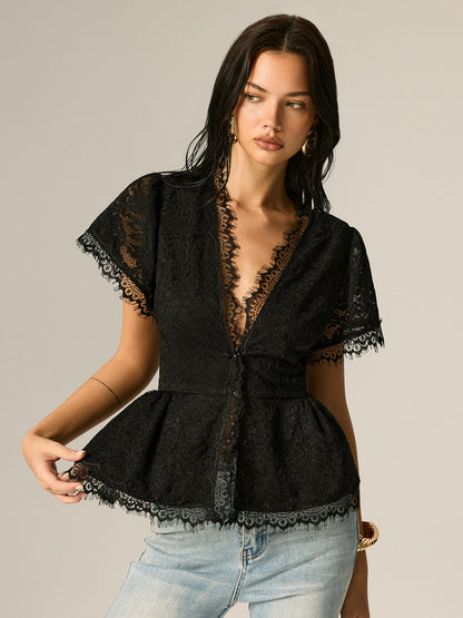 V-Neck Fringe Lace Peplum Short Sleeve Top