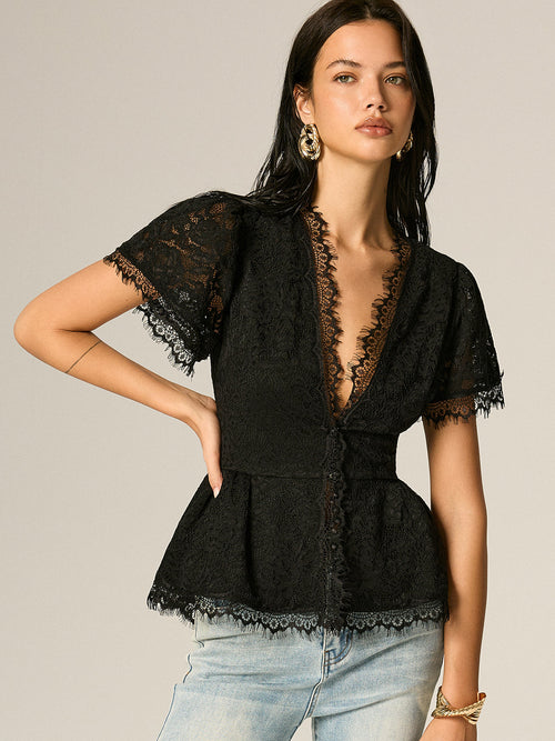 V-Neck Fringe Lace Peplum Short Sleeve Top