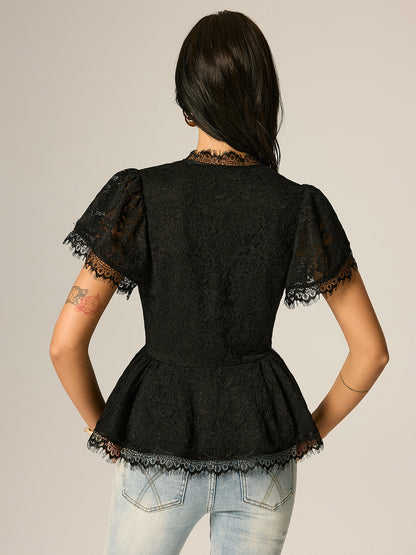 V-Neck Fringe Lace Peplum Short Sleeve Top